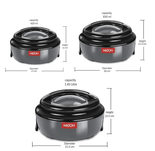 MILTON Ernesto Inner Stainless Steel Jr. Casserole Set of 3 (420 ml, 850 ml, 1.43 litres) | Easy to Carry | Serving | Stackable - Image 2